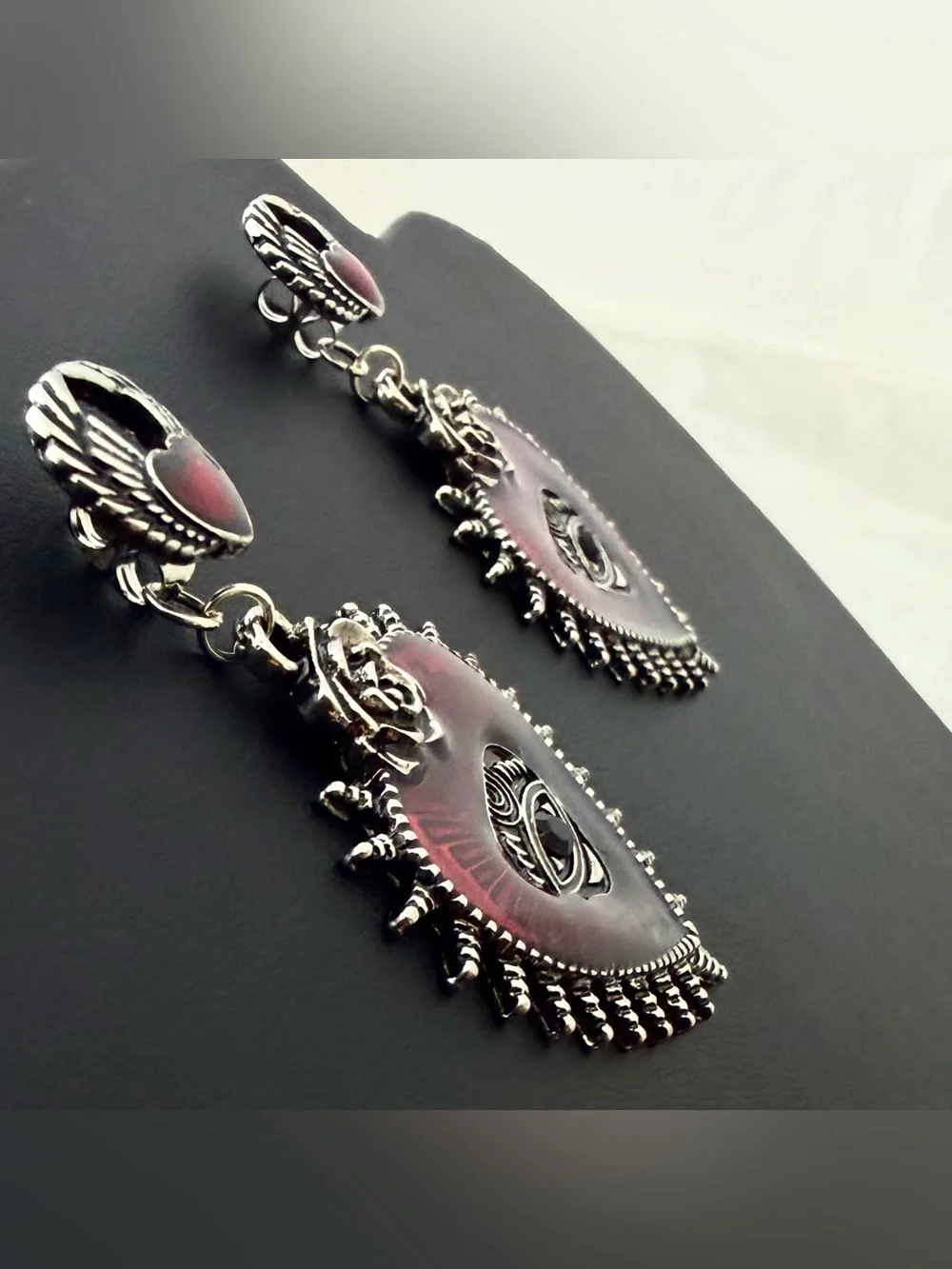 Gothic Crimson Sacred Heart & Protection Eye Dangle Earrings